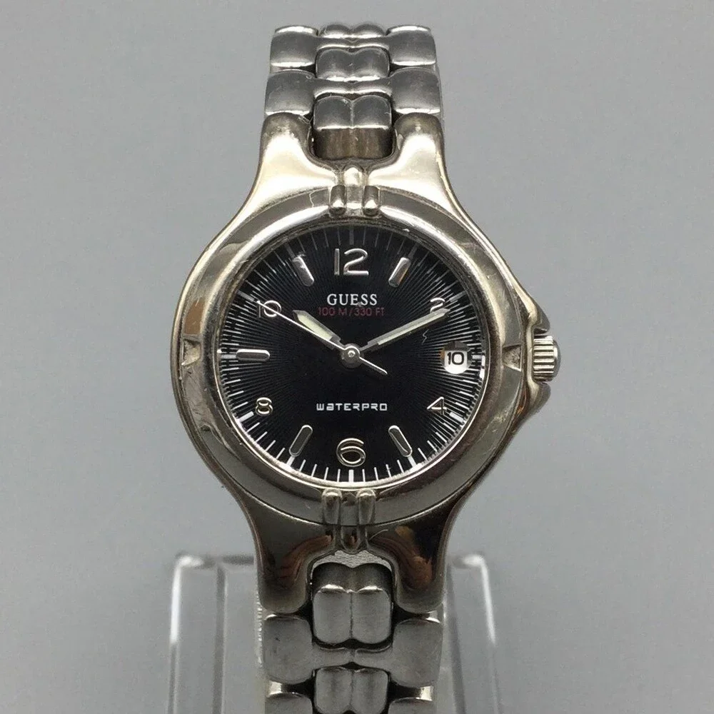Vintage Guess Womens Watch 25mm Silver Tone Black Dial Date New Battery 6.5